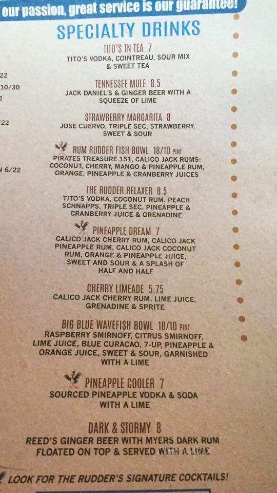 Rudder at Anchor High Marina - Hendersonville, TN menu_pic