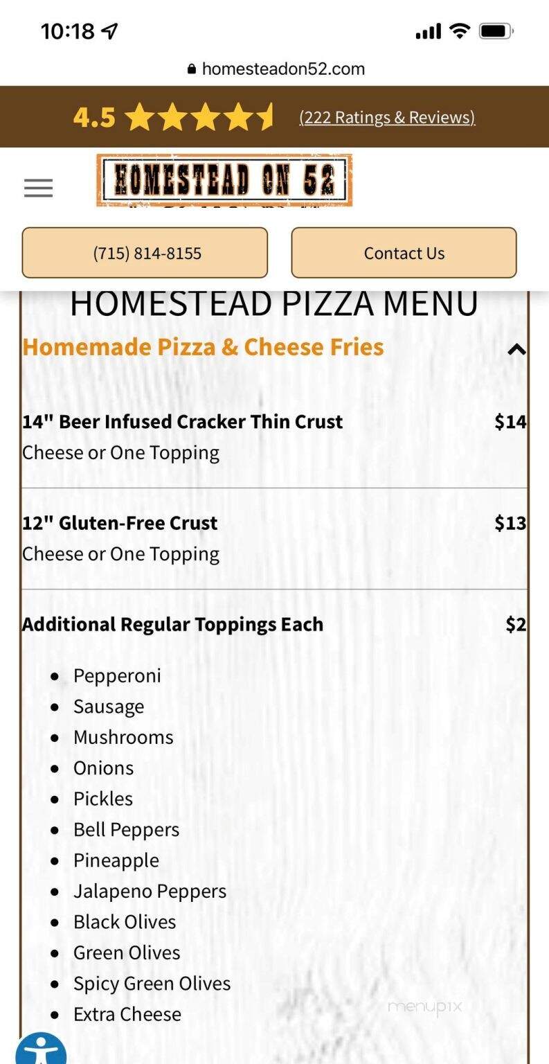 Homestead Inn - Wausau, WI menu_pic