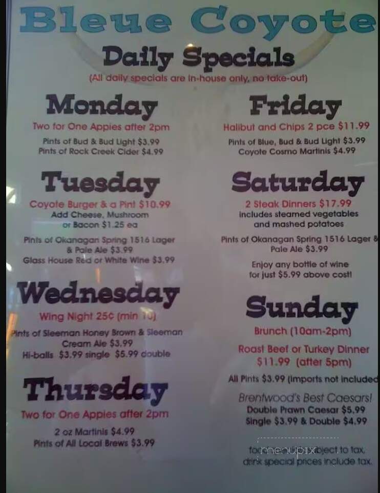Bleue Coyote Pub - Saanich, BC menu_pic