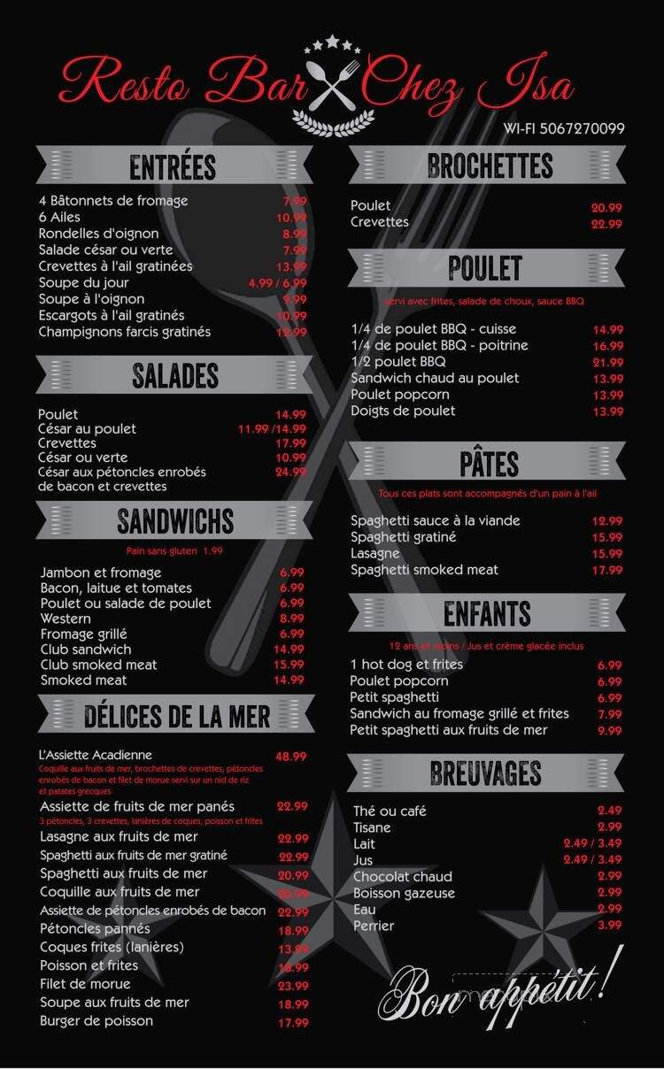 Resto Chez Isa - Bertrand, NB menu_pic