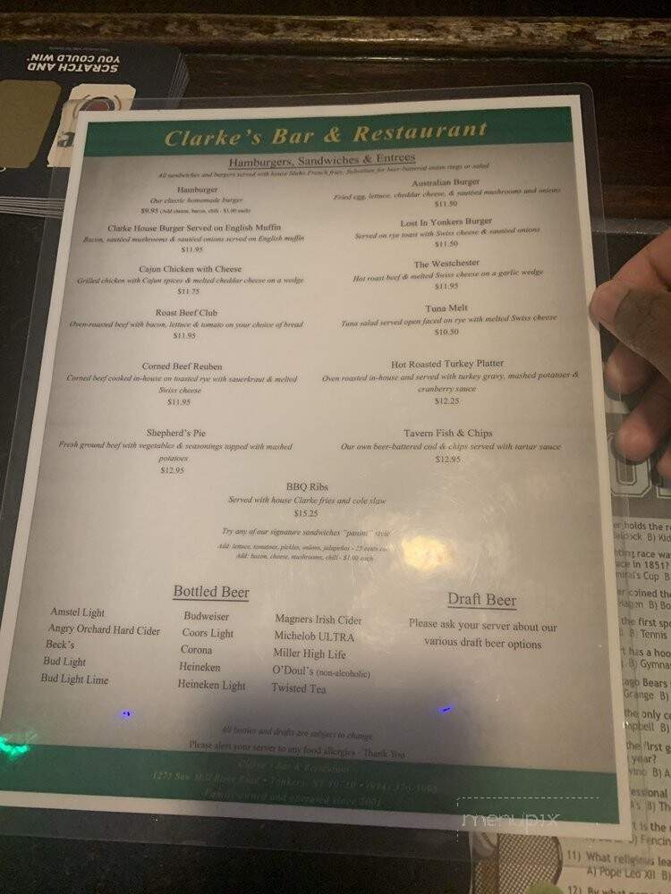 Clarke's Bar & Restaurant - Yonkers, NY menu_pic