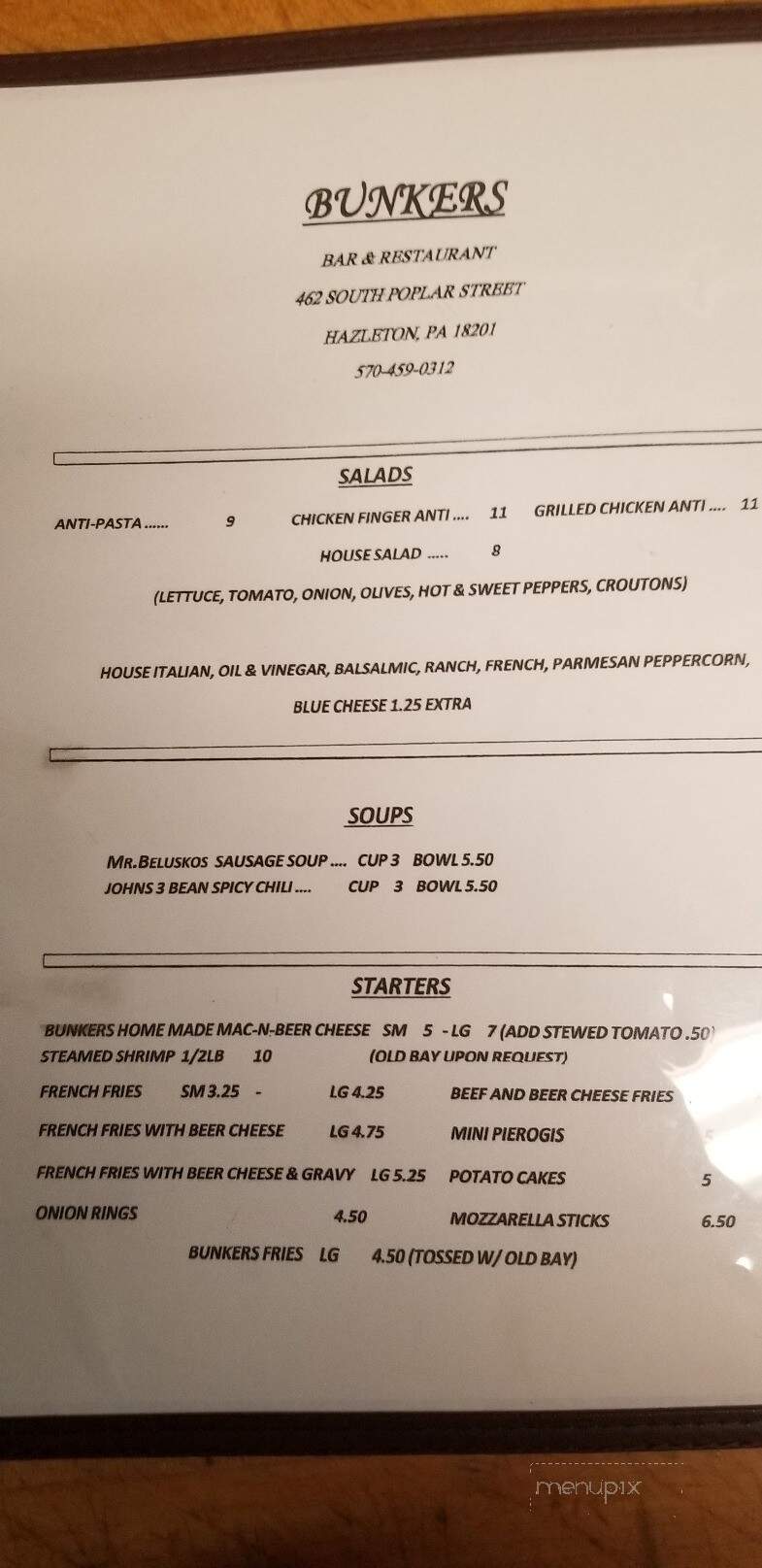 Bunkers Bar & Restaurant - Hazleton, PA menu_pic