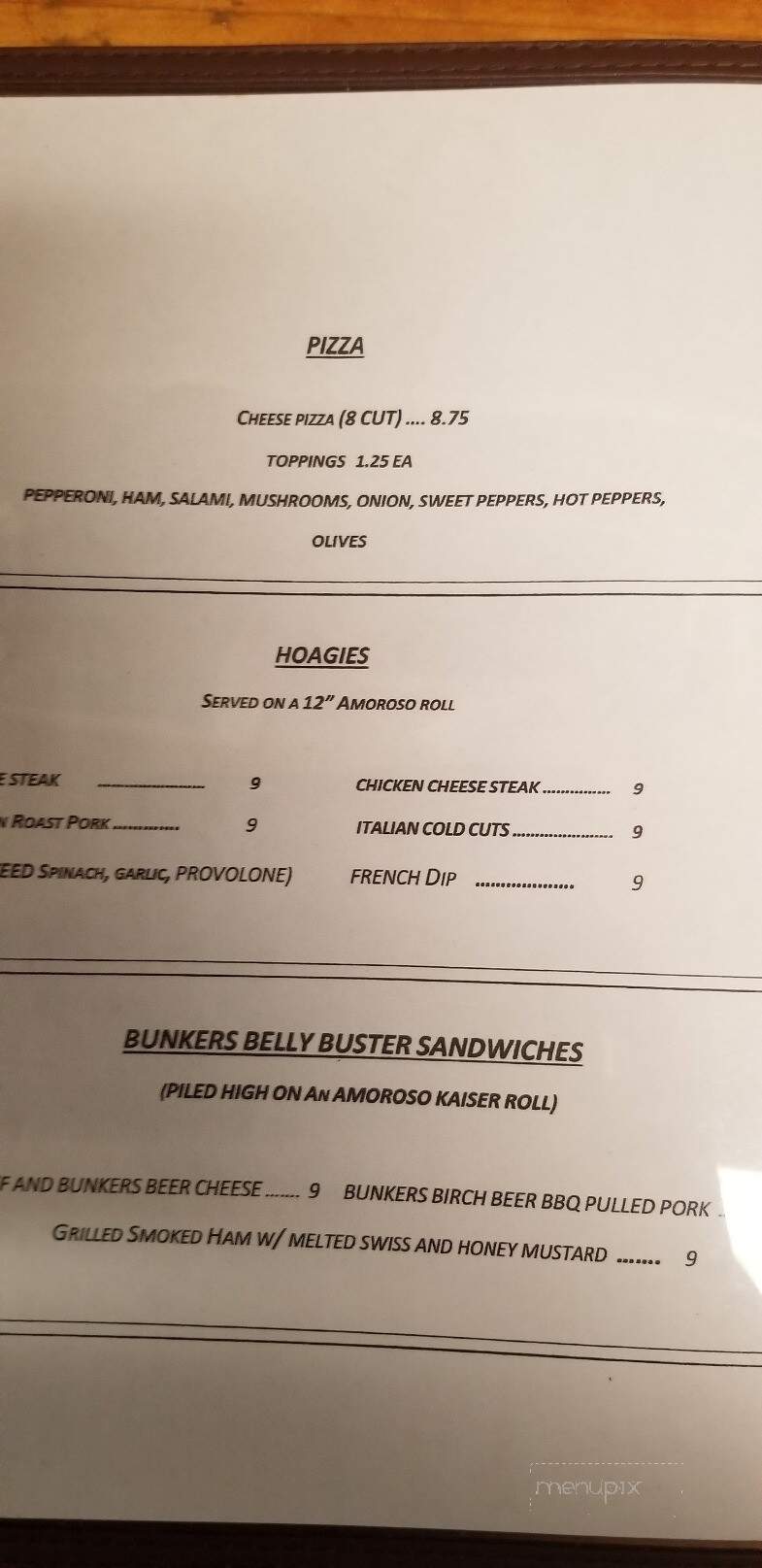 Bunkers Bar & Restaurant - Hazleton, PA menu_pic
