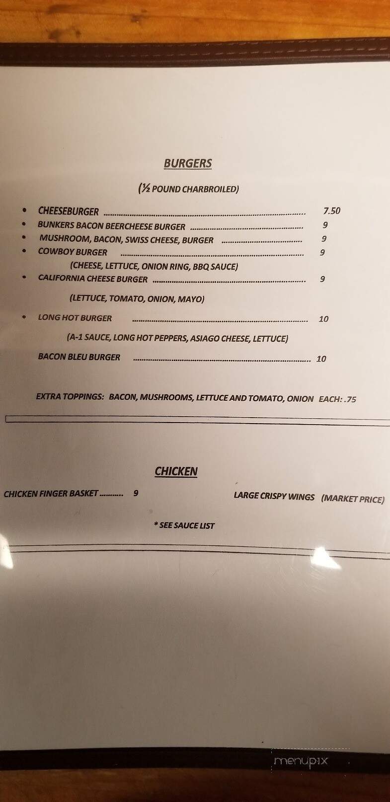 Bunkers Bar & Restaurant - Hazleton, PA menu_pic