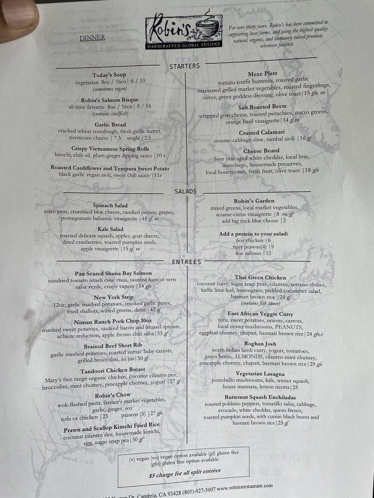 Robin's Restaurant - Cambria, CA menu_pic