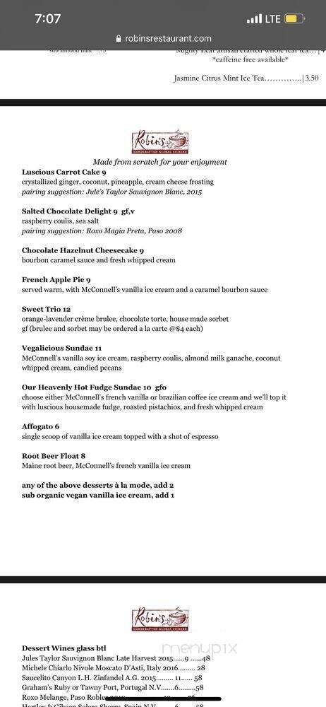 Robin's Restaurant - Cambria, CA menu_pic