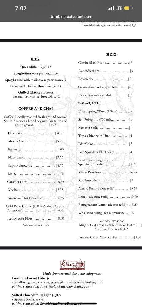 Robin's Restaurant - Cambria, CA menu_pic