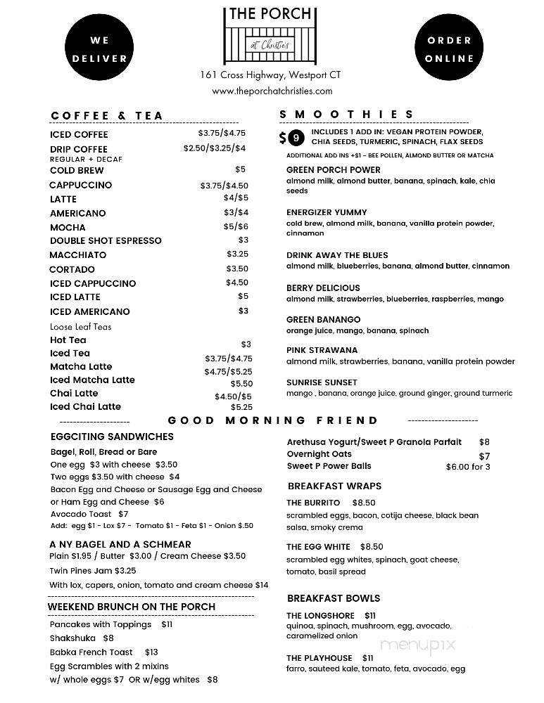 The Porch At Christie's - Westport, CT menu_pic