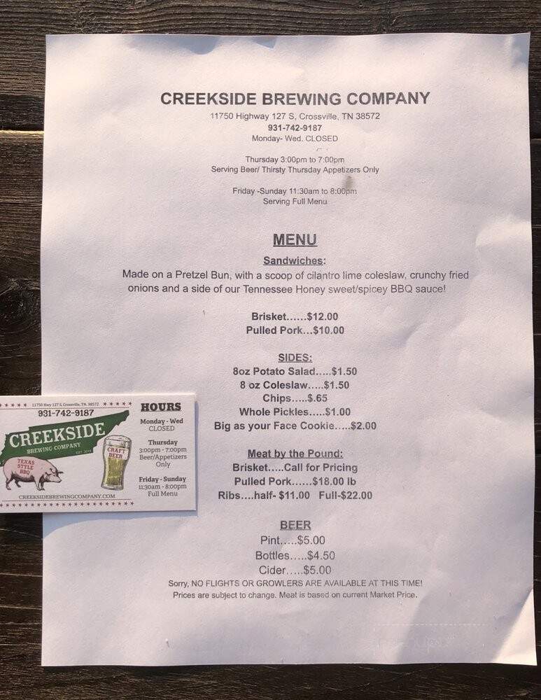Creekside Brewing Company - Crossville, TN menu_pic