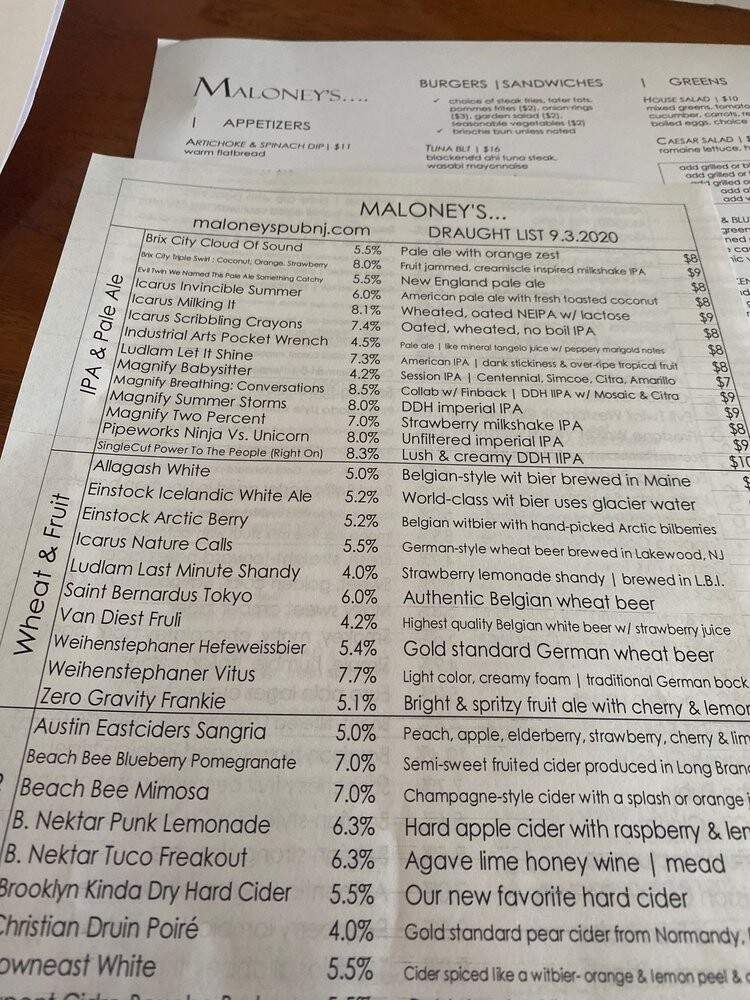 Maloney's Pub & Grill - Matawan, NJ menu_pic