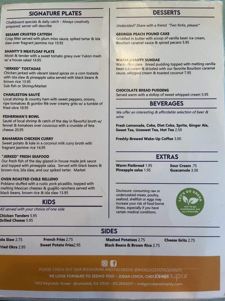 Indigo Coastal Shanty - Brunswick, GA menu_pic