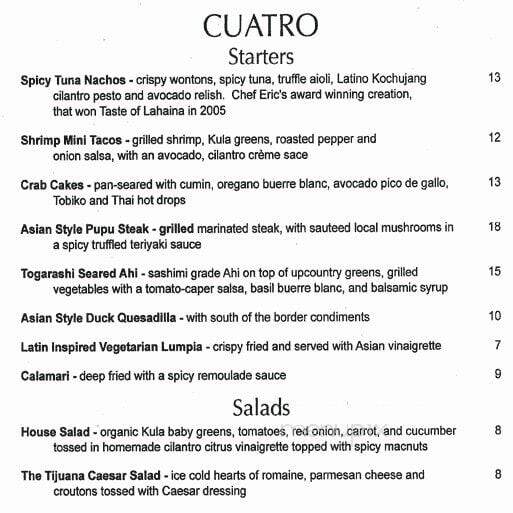 Cuatro Restaurant - Kihei, HI menu_pic