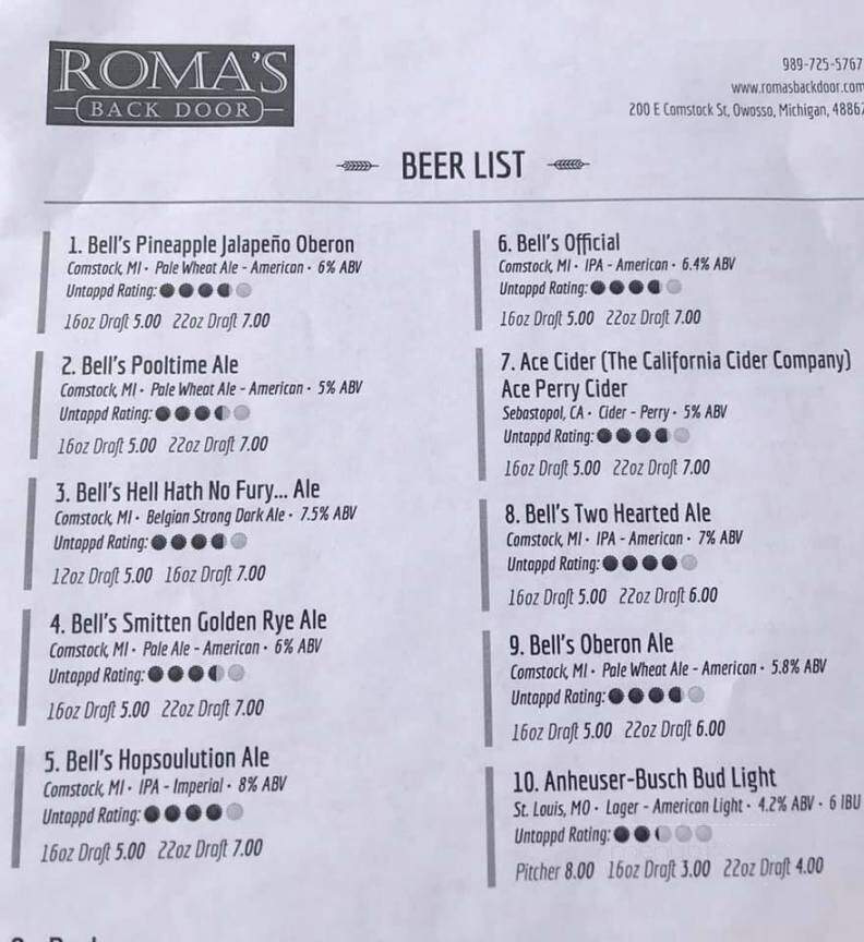 Roma's Back Door - Owosso, MI menu_pic