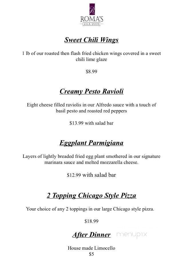 Roma's Back Door - Owosso, MI menu_pic
