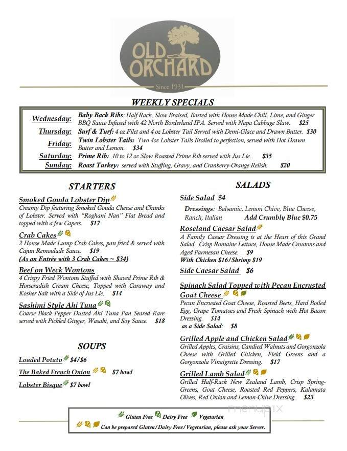 Old Orchard Inn - East Aurora, NY menu_pic