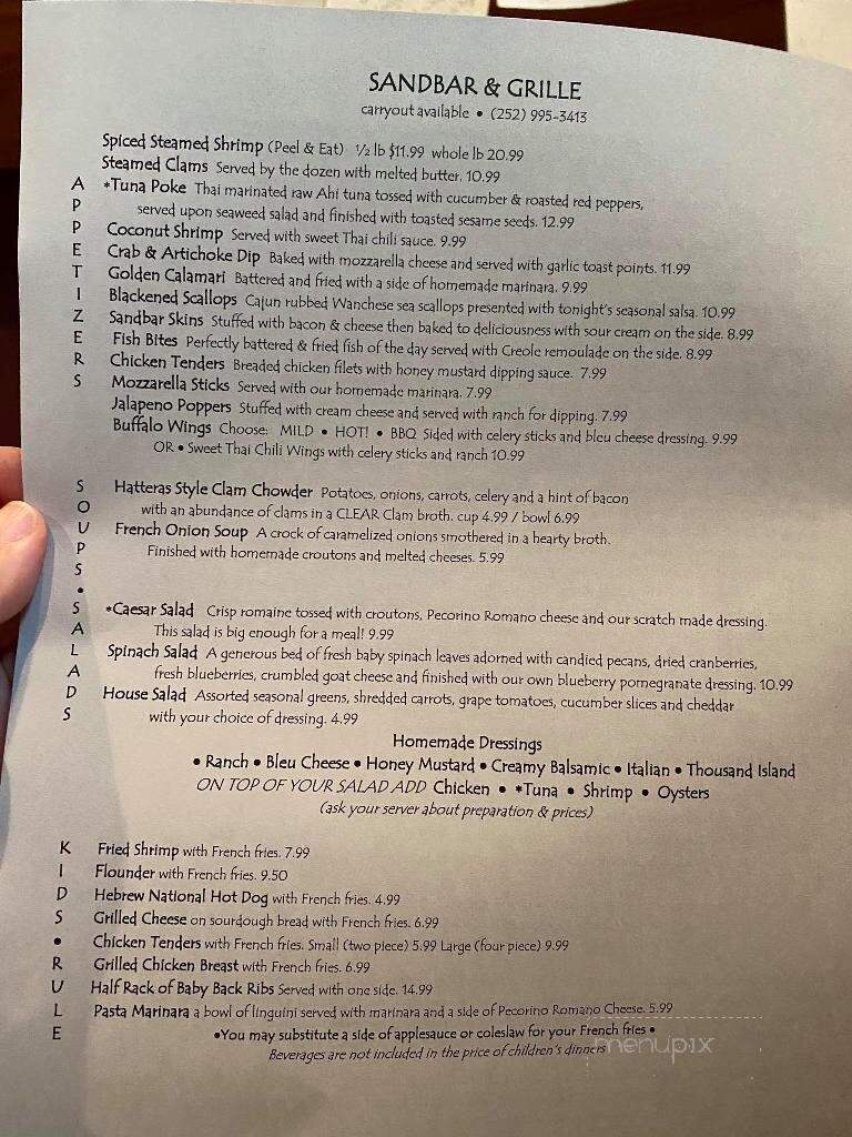Sandbar & Grille - Buxton, NC menu_pic