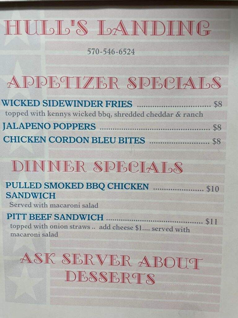 Hull's Landing - Muncy, PA menu_pic