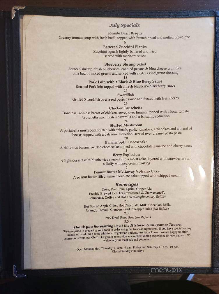 Jean Bonnet Tavern - Bedford, PA menu_pic