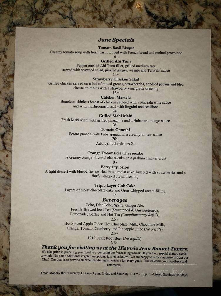 Jean Bonnet Tavern - Bedford, PA menu_pic