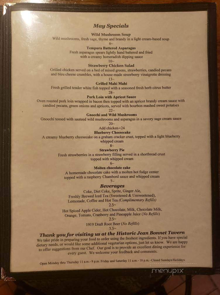 Jean Bonnet Tavern - Bedford, PA menu_pic