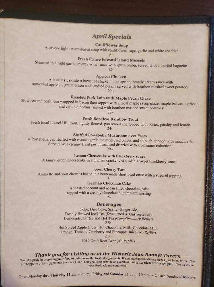 Jean Bonnet Tavern - Bedford, PA menu_pic