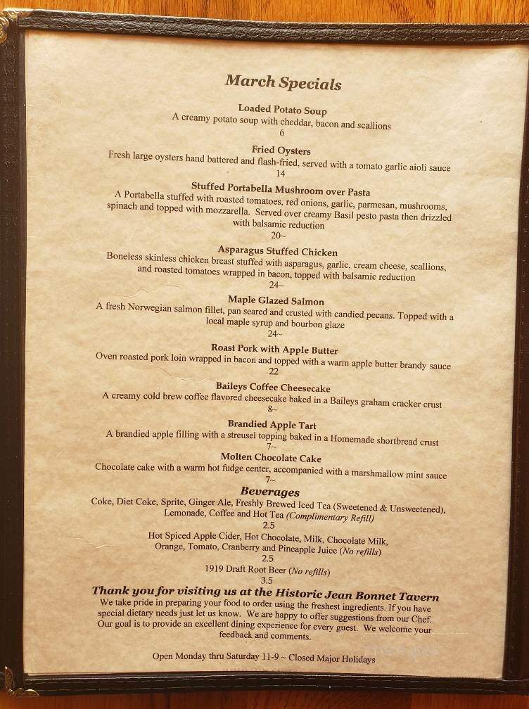 Jean Bonnet Tavern - Bedford, PA menu_pic
