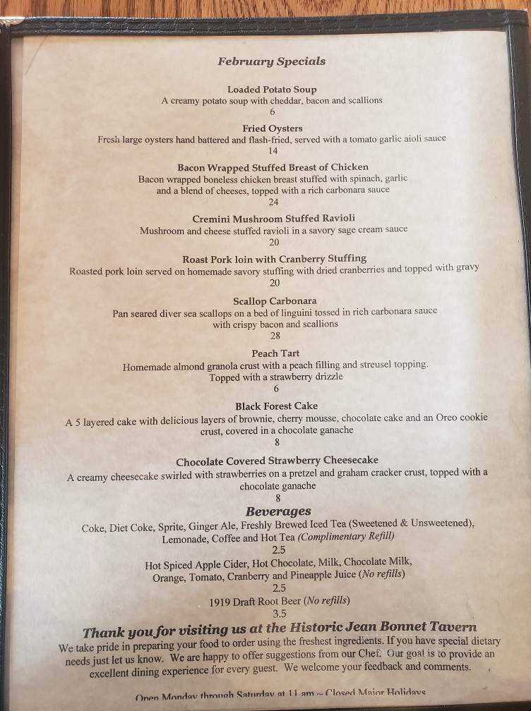 Jean Bonnet Tavern - Bedford, PA menu_pic