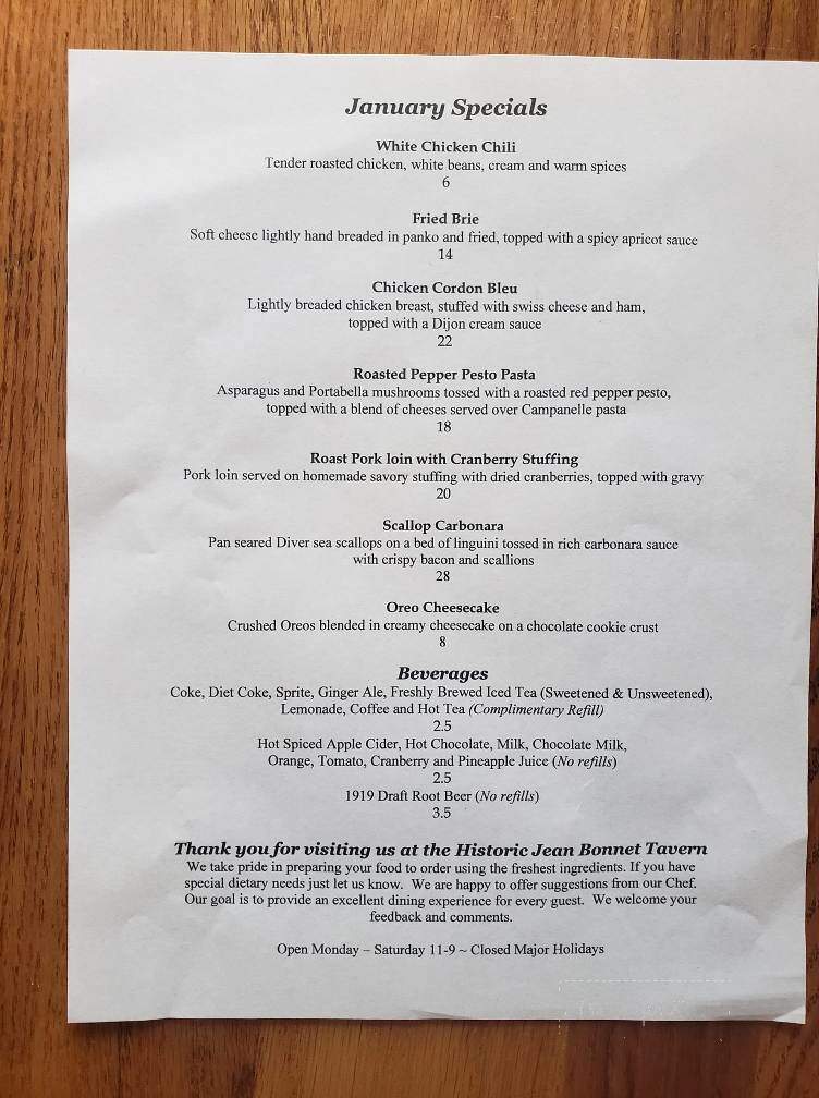 Jean Bonnet Tavern - Bedford, PA menu_pic