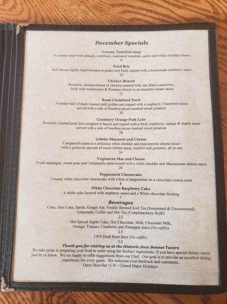 Jean Bonnet Tavern - Bedford, PA menu_pic