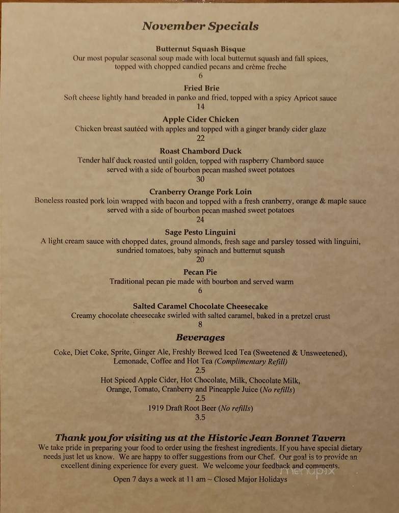Jean Bonnet Tavern - Bedford, PA menu_pic