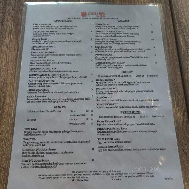 Spoon + Fork Thai Kitchen - McKinney, TX menu_pic