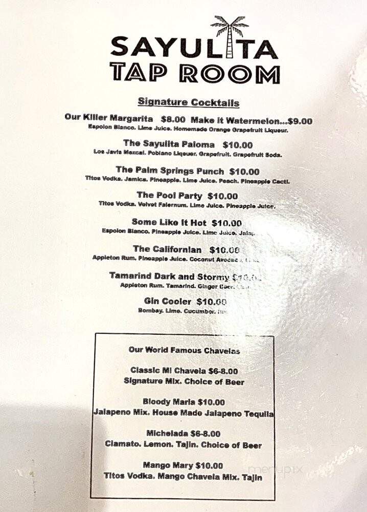 Sayulita Tap Room - Indio, CA menu_pic