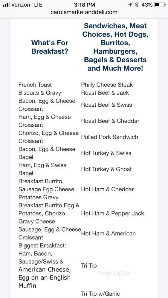 Carols Market and Deli - Newcastle, CA menu_pic