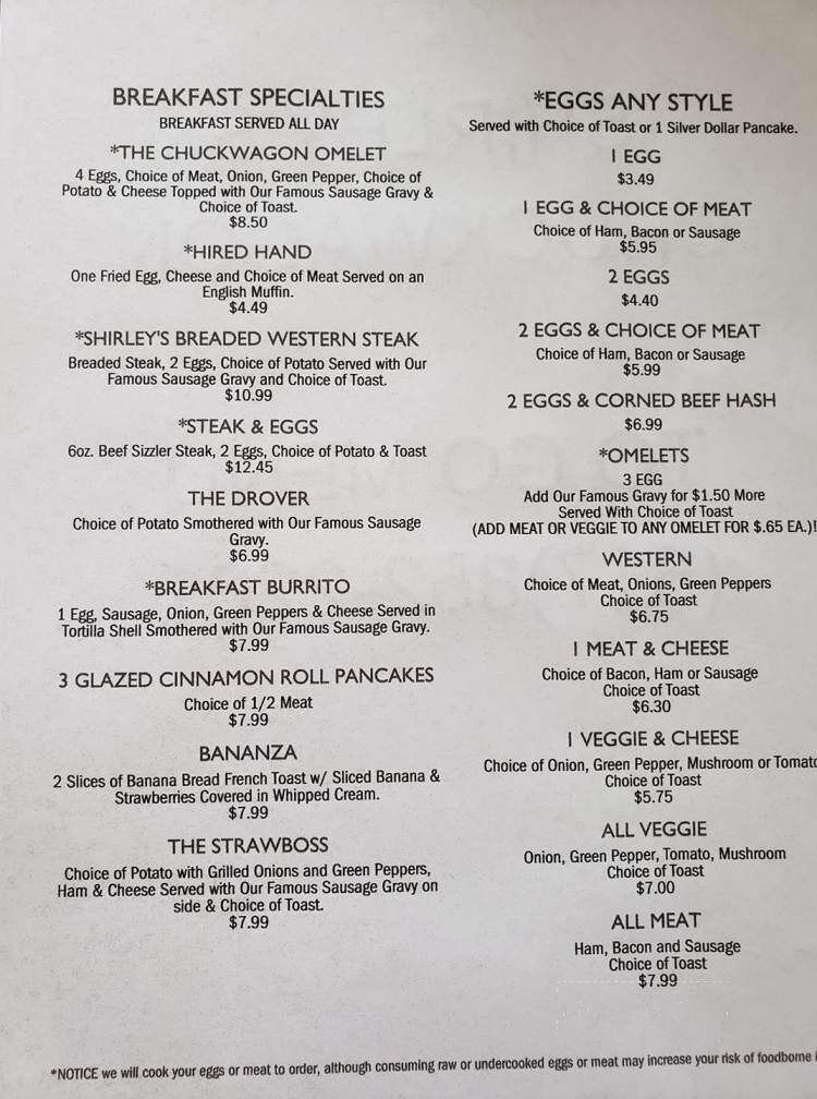 Shirley's Chuckwagon Cafe - Nashville, MI menu_pic