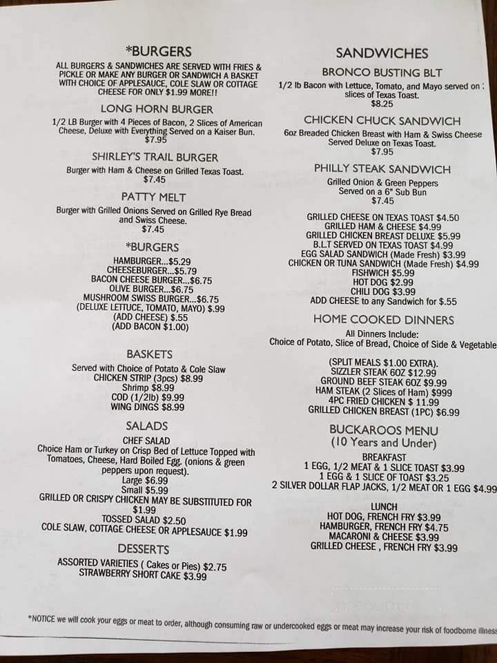 Shirley's Chuckwagon Cafe - Nashville, MI menu_pic