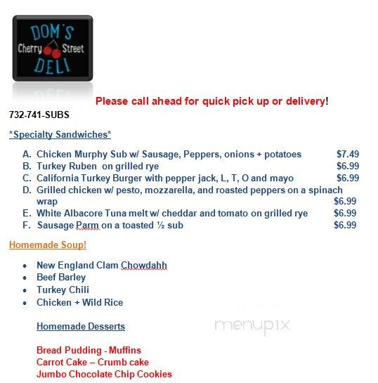 Dom's Cherry Street Deli - Tinton Falls, NJ menu_pic