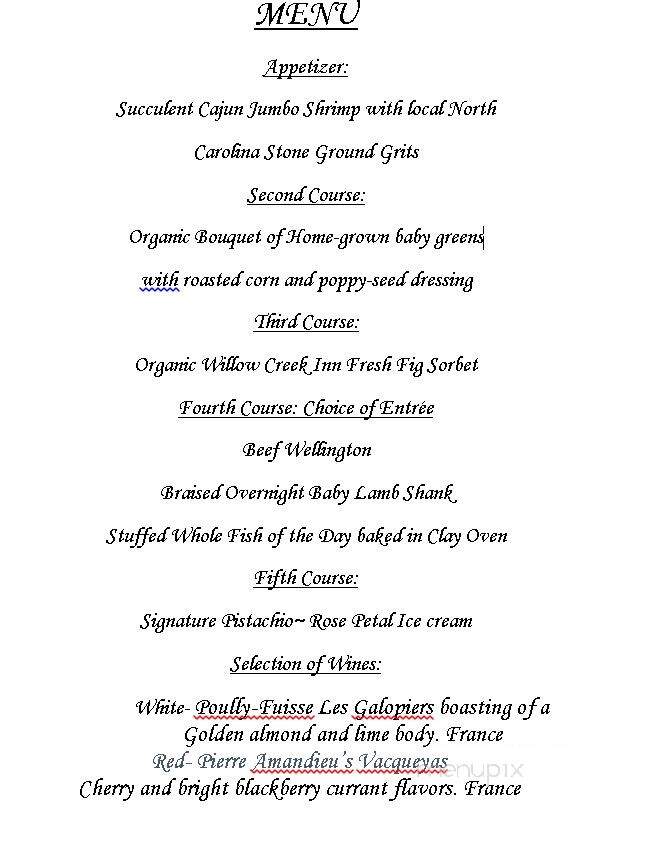 Willow Creek Inn - Vale, NC menu_pic