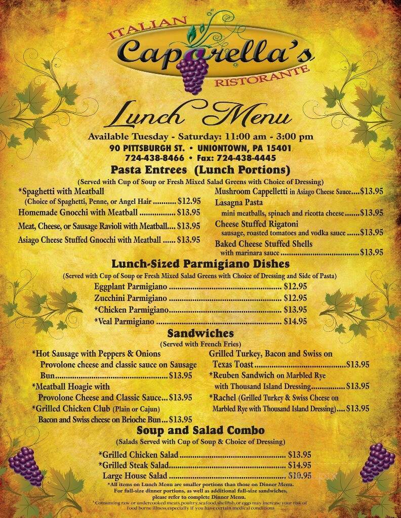 Caporella's Italian Ristorante - Uniontown, PA menu_pic