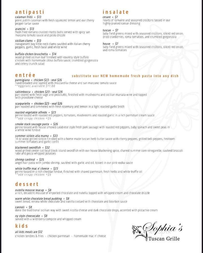 Sophia's Tuscan Grille - Warwick, RI menu_pic