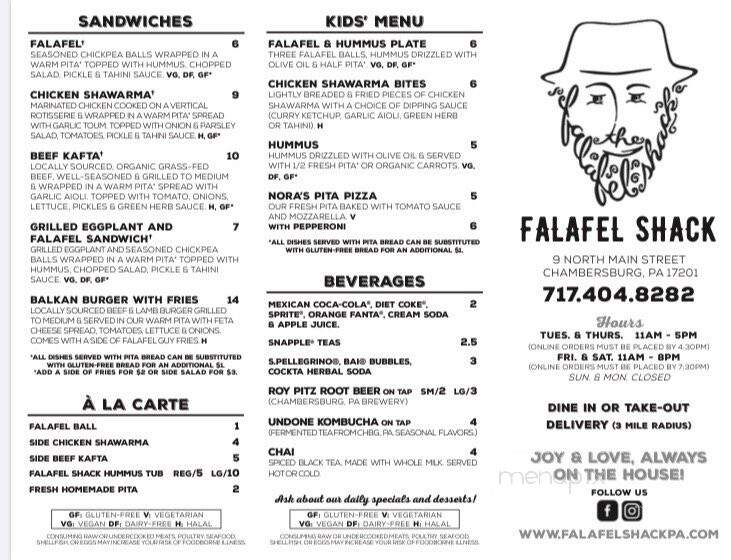 Falafel Shack - Chambersburg, PA menu_pic