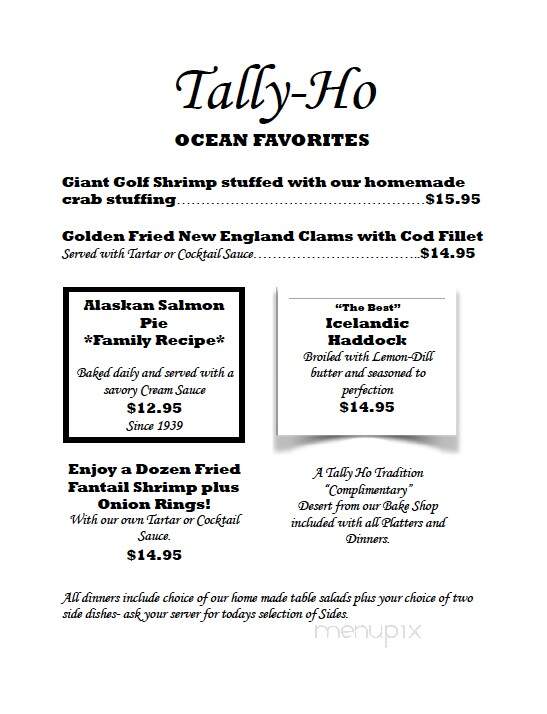 Tally Ho Restaurant - Chautauqua, NY menu_pic