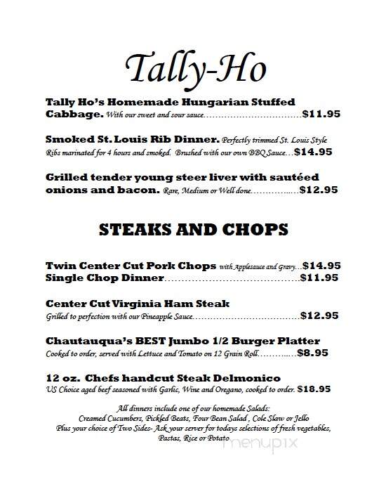 Tally Ho Restaurant - Chautauqua, NY menu_pic