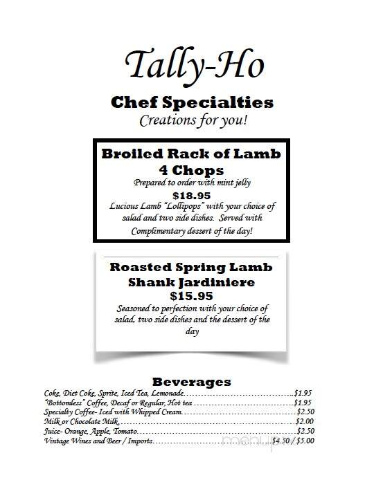 Tally Ho Restaurant - Chautauqua, NY menu_pic