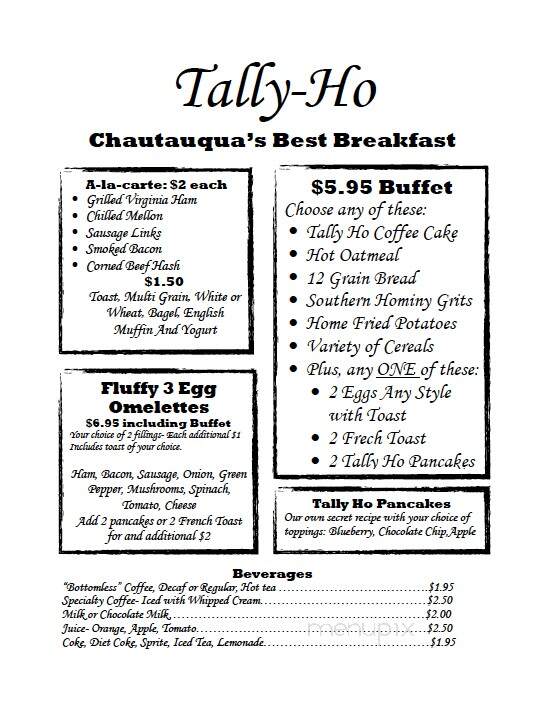 Tally Ho Restaurant - Chautauqua, NY menu_pic
