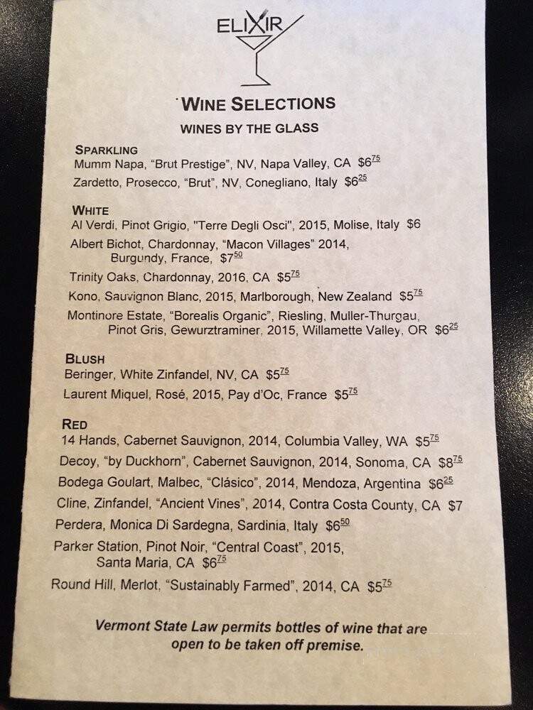 Elixir Restaurant - White River Junction, VT menu_pic