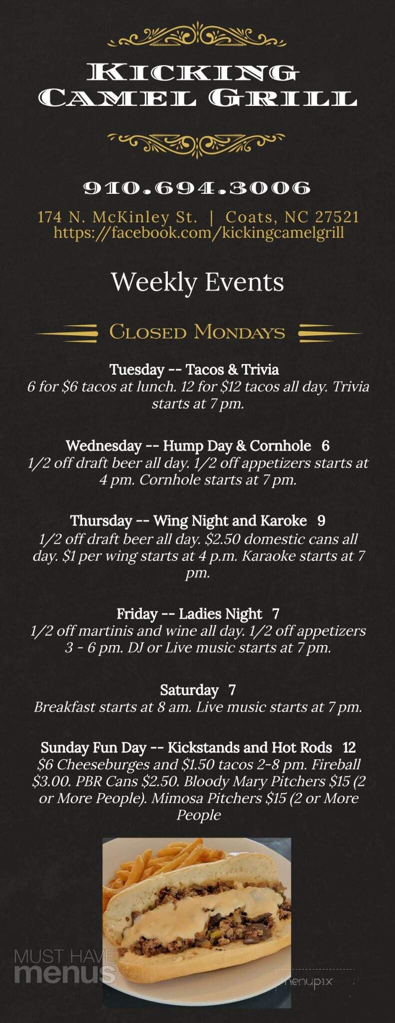Kicking Camel Grill - Coats, NC menu_pic