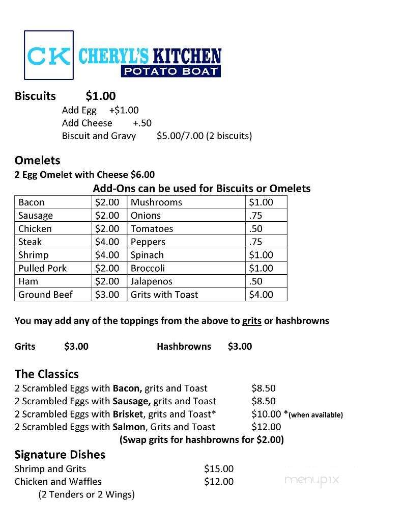 Cheryl's Kitchen Potato Boat - Fair Play, SC menu_pic