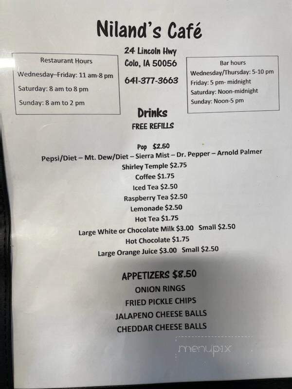 Niland's Cafe - Colo, IA menu_pic