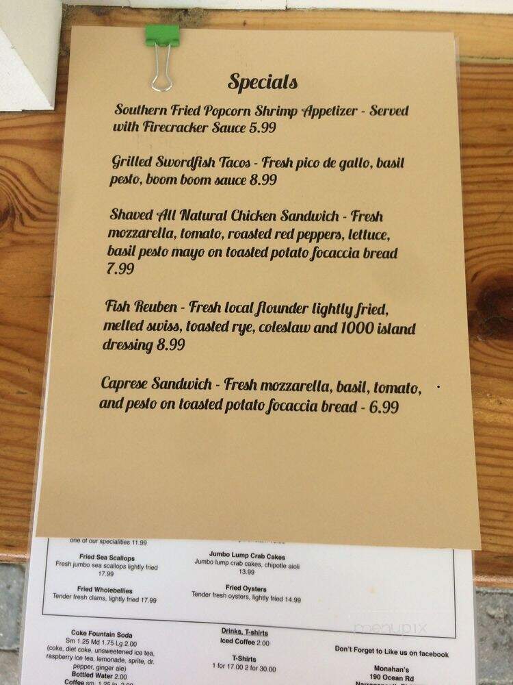 Monahan's Restaurant - Narragansett, RI menu_pic