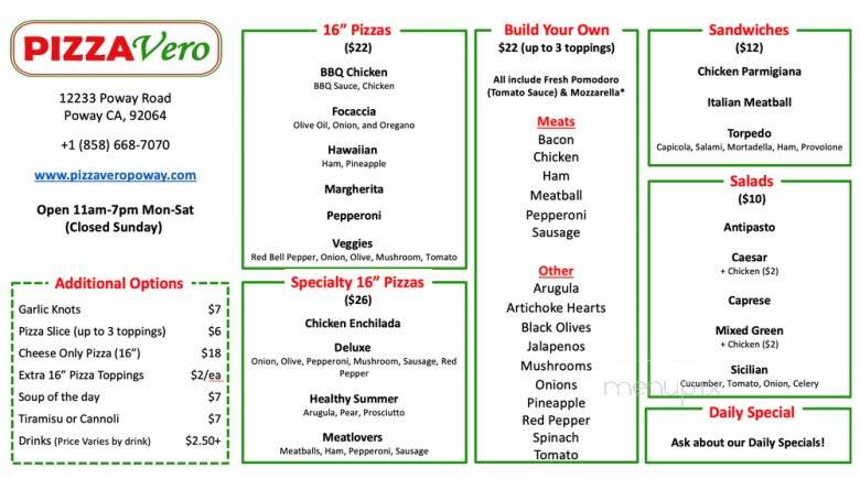 Pizza Vero - Poway, CA menu_pic